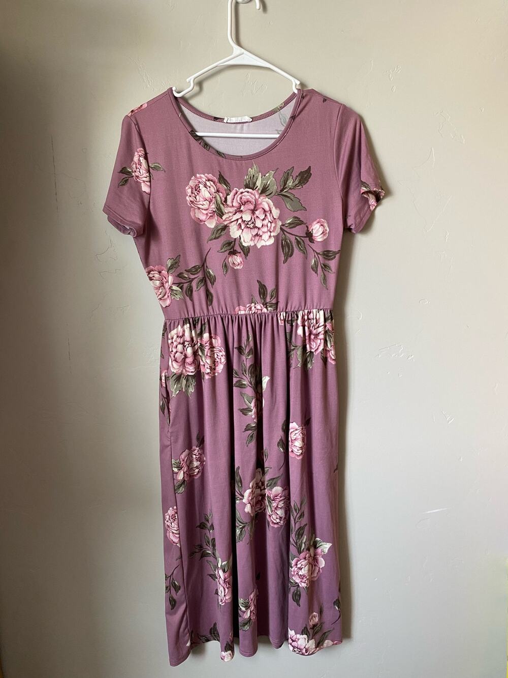 Reborn J Purple Short Sleeve Floral Midi Dress Sz M Summer Dress Business Casual
